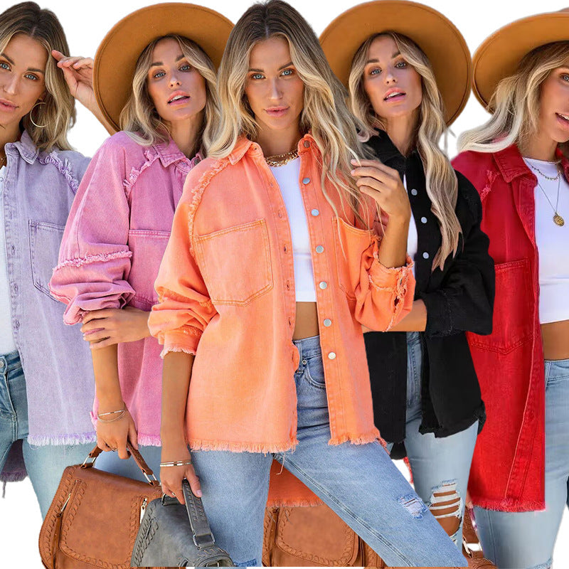 Raw-edge patchwork pocket denim shirt