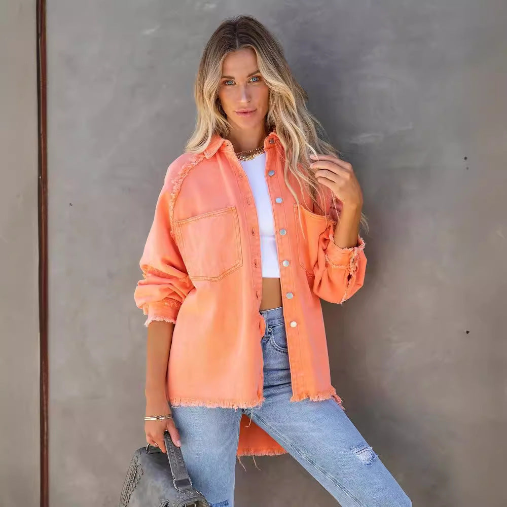 Raw-edge patchwork pocket denim shirt