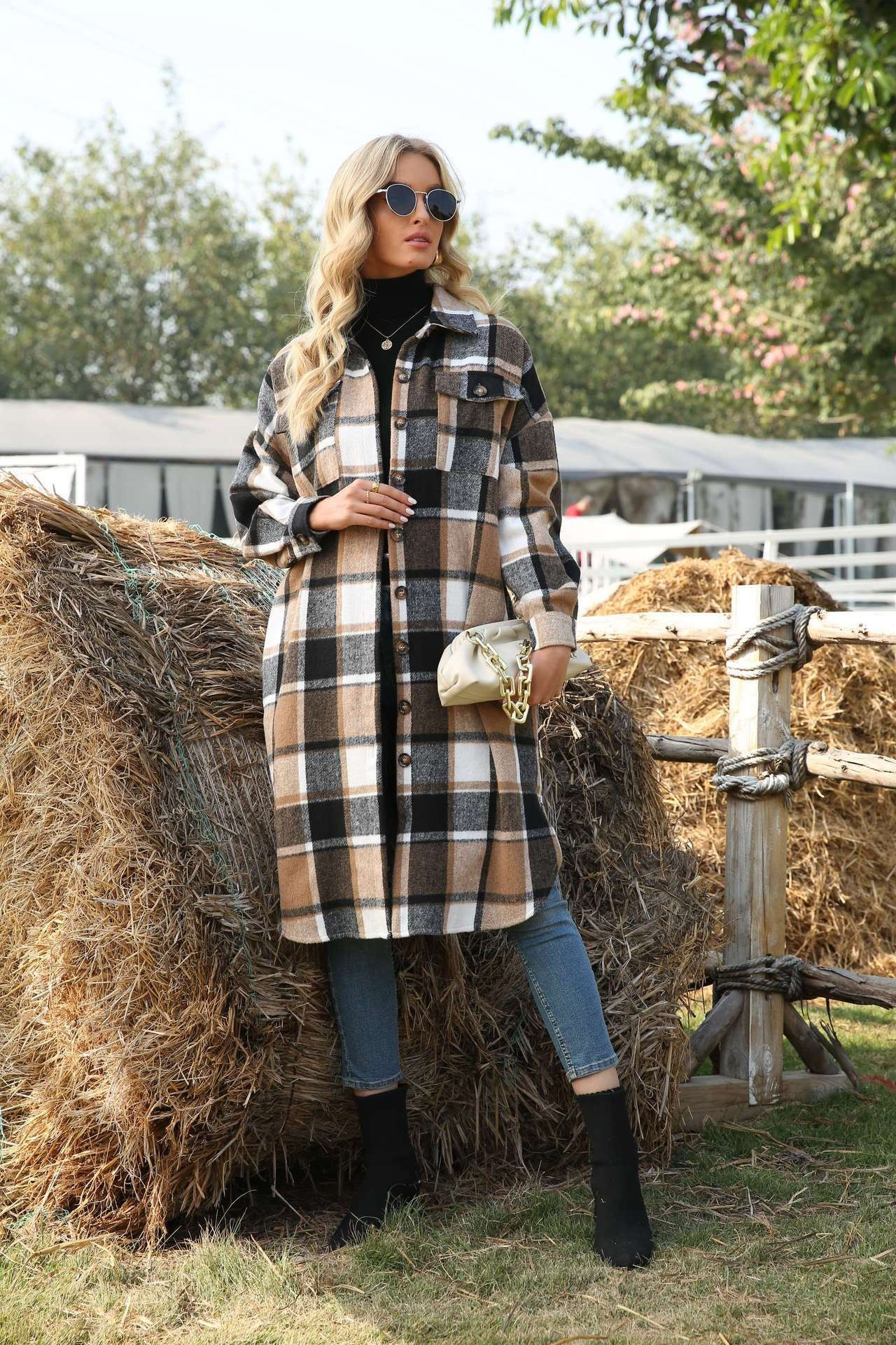 Ladies' Colorblock Plaid Print Button Front Drop Shoulder Coat