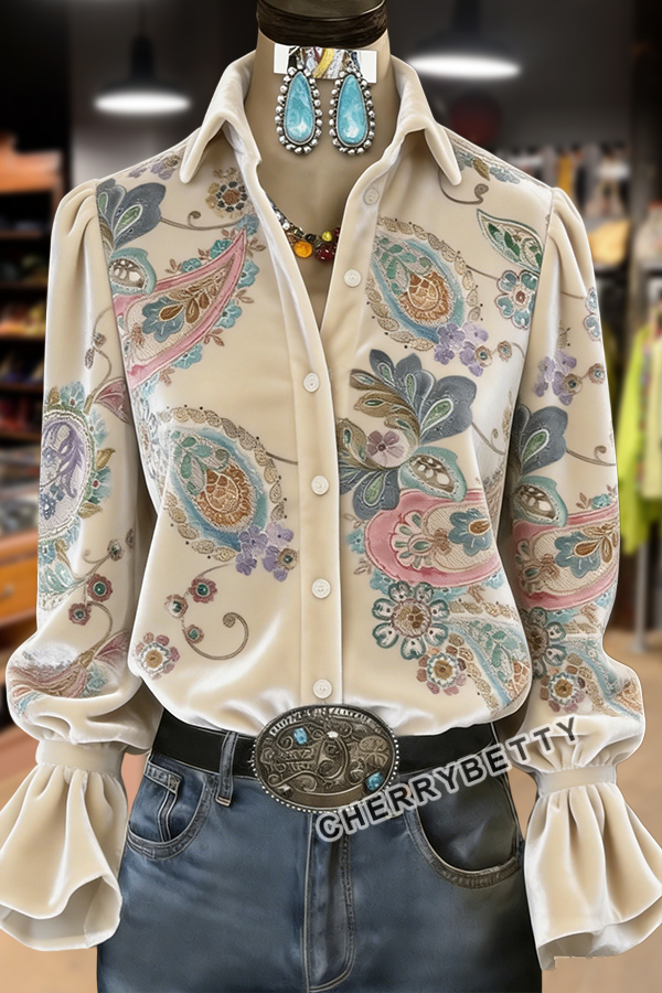 Retro Paisley Print Bell Sleeve Velvet Shirt