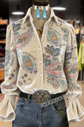 Retro Paisley Print Bell Sleeve Velvet Shirt
